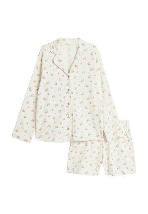 Kremowy komplet piżamy z długim rękawem zapinany na guziki i szortami, ozdobiony małym różowo-beżowym wzorem kwiatowym.