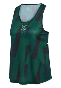 Grünes Tanktop mit geometrischen schwarzen Mustern, Rundhalsausschnitt und einem Logo. Hergestellt aus leichtem, atmungsaktivem Material, geeignet für Sportbekleidung.