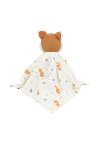 Fox-shaped comforter in soft cotton, featuring a patterned white base with orange foxes, blue mushrooms, and green leaves. Textured ears.