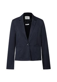 Marinblå blazer med en enda knappstängning, två framfickor och långa ärmar. Tillverkad av ett slätt tyg med en skräddarsydd passform.