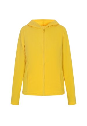 Geel zip-up hoodie met een zachte textuur, voorzien van een voorkant met rits, lange mouwen en een capuchon. Geen patronen of accenten zichtbaar.