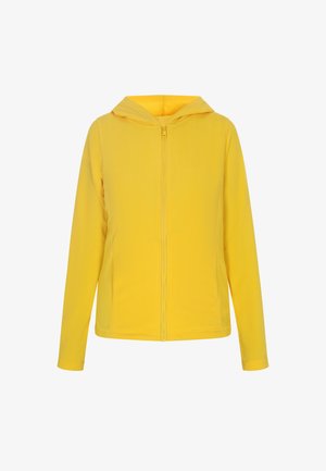 Geel zip-up hoodie met een zachte textuur, voorzien van een voorkant met rits, lange mouwen en een capuchon. Geen patronen of accenten zichtbaar.