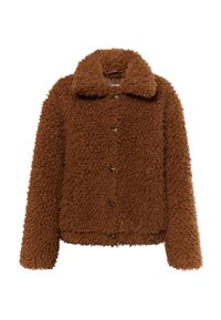 Brun, fuzzy jakke lavet af tekstureret stof. Har en krave, knaplukning og lange ærmer. Boxy pasform med et blødt udseende.
