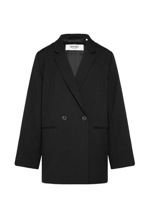 Schwarzer, doppelt geknöpfter Blazer mit Kerbkragen, zwei vorderen Knöpfen und Einschubtaschen, innen am Kragen mit der Aufschrift "Senses The Label".