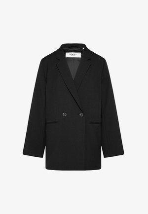 Schwarzer, doppelt geknöpfter Blazer mit Kerbkragen, zwei vorderen Knöpfen und Einschubtaschen, innen am Kragen mit der Aufschrift "Senses The Label".