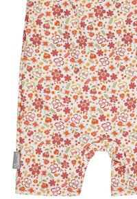 Blumenbody aus weichem Baumwollstoff mit weißem Hintergrund. Besitzt ein dichtes Muster aus roten, orangen und gelben Blumen sowie grünen Blättern. Kurze Ärmel und Beine.