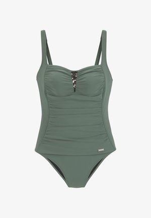Un maillot de bain vert présente un design froncé, des bretelles ajustables et une embellissement central de perles. Texture lisse avec une coupe classique.