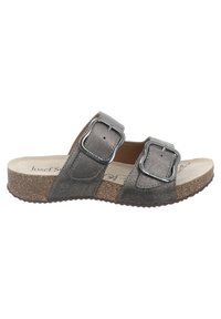 Gray suede sandal with two adjustable metallic buckles, cork sole, and a smooth interior footbed. Open-toe design for breathability.