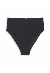 Bas de bikini taille haute noir avec une finition lisse et une petite étiquette noire avec logo centrée sur la ceinture.