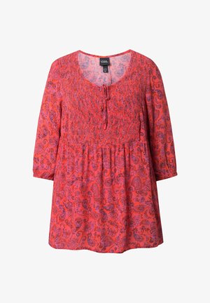 Rostorange Tunika mit langen Ärmeln, lila Paisley-Muster, rundem Ausschnitt und vorderer Bindetaille, tailliert mit geraffter Hüfte für eine entspannte Passform.