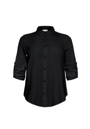 Black button-up shirt with a collar, long sleeves rolled up, smooth fabric, and a straight hem. Features front button closure and no patterns.