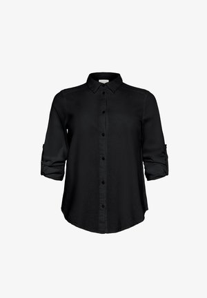 Camicia nera con colletto, maniche lunghe arrotolate, tessuto liscio e orlo dritto. Presenta chiusura frontale con bottoni e senza fantasie.