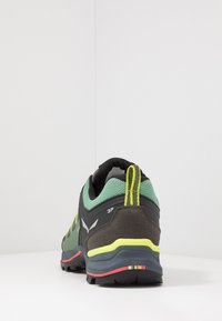 Trail sko med grøn mesh og sort ruskind øvre, gule accenter, bageste trækstrop og multicoloret gummisål, der fremhæver det robuste design.