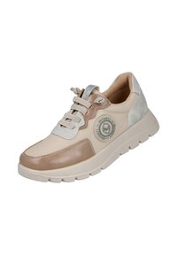 Zapatillas beige y marrón con parte superior de cuero texturizado, acentos de gamuza, un parche de logo circular y una suela acolchada con un diseño moldeado.