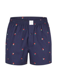 Bóxers azul marino con cintura elástica, con un patrón de pequeñas fresas rojas con tallos verdes. Tienen un cierre frontal con botón.