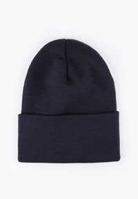 Marineblauwe gebreide beanie met een geribbeld textuur en een omgeslagen rand, ontworpen voor een snug fit en warmte. Eenvoudig en veelzijdig in stijl.