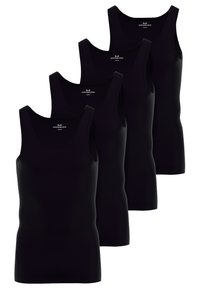 Four black tank tops made of a smooth, stretchy fabric. Each features a round neckline and wide shoulder straps, with a simple design.