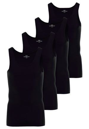 Four black tank tops made of a smooth, stretchy fabric. Each features a round neckline and wide shoulder straps, with a simple design.