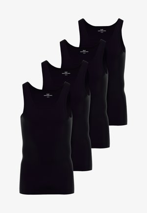 Four black tank tops made of a smooth, stretchy fabric. Each features a round neckline and wide shoulder straps, with a simple design.