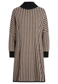 Robe en tricot avec un col haut en rib noir, présentant un motif pied-de-poule beige et noir, des manches longues et une silhouette légèrement évasée.