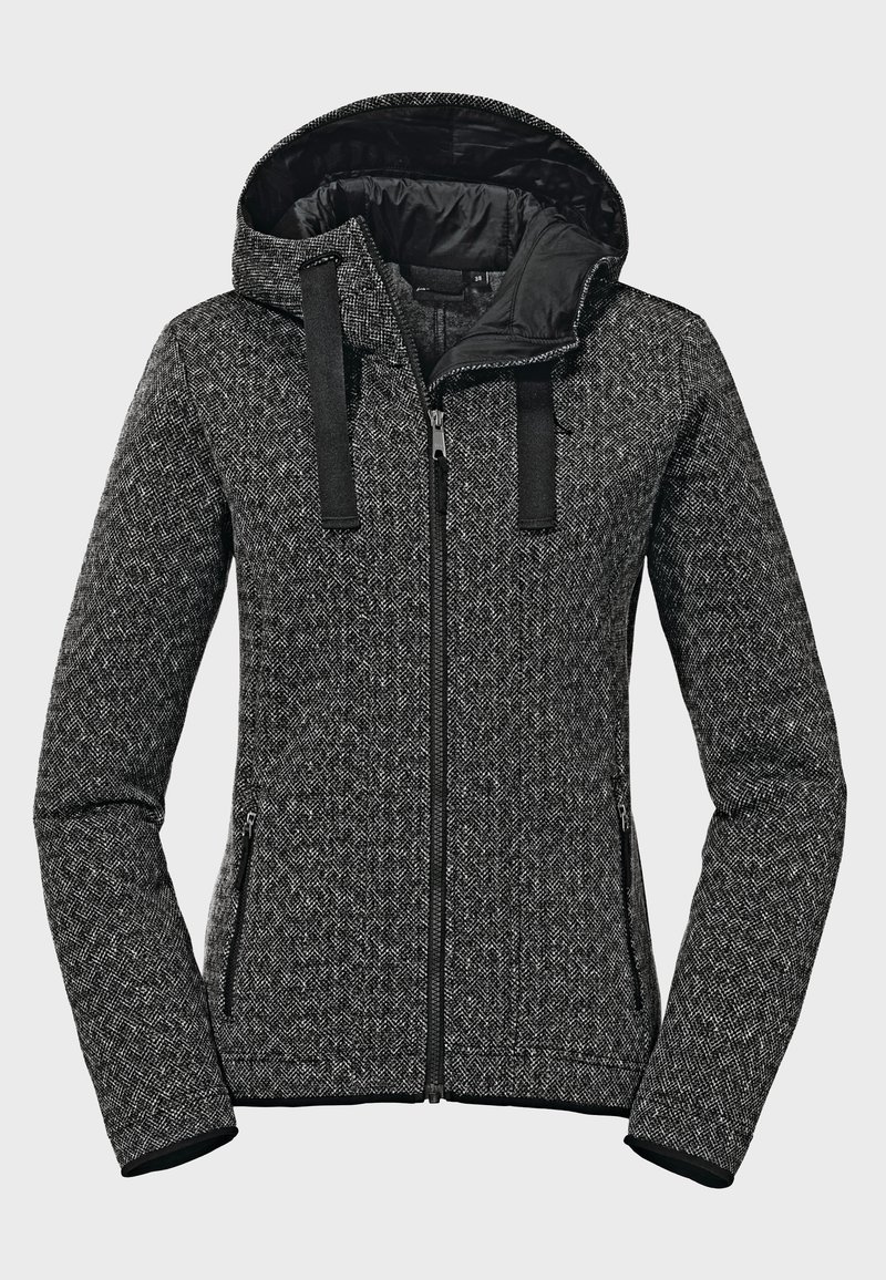 Giacca a fantasia grigia e nera con zip frontale, cappuccio regolabile e tasche laterali. Presenta un tessuto testurizzato e una fodera interna liscia.