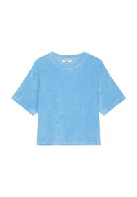 Ljusblå kortärmad t-shirt i mjukt tyg, med rund halsringning och ledig passform. Slät yta utan synliga mönster eller detaljer.