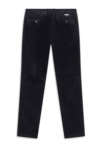 Black corduroy pants with a straight cut, featuring two back pockets with metal buttons and a textured surface pattern.
