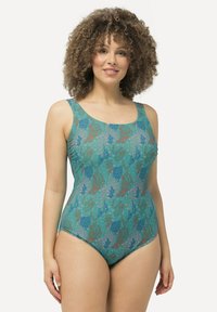 Én-dels badedragt i teal med et blomstermønster featuring blå og røde accenter. Glat stof med brede stropper på skuldrene og en scoop neck.