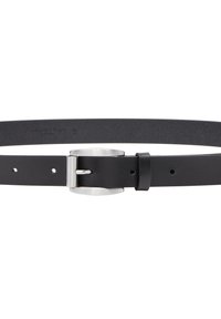 Czarny skórzany pasek z okrągłą, srebrną metalową klamrą i wieloma otworami do regulacji rozmiaru. Gładka tekstura o matowym wykończeniu.