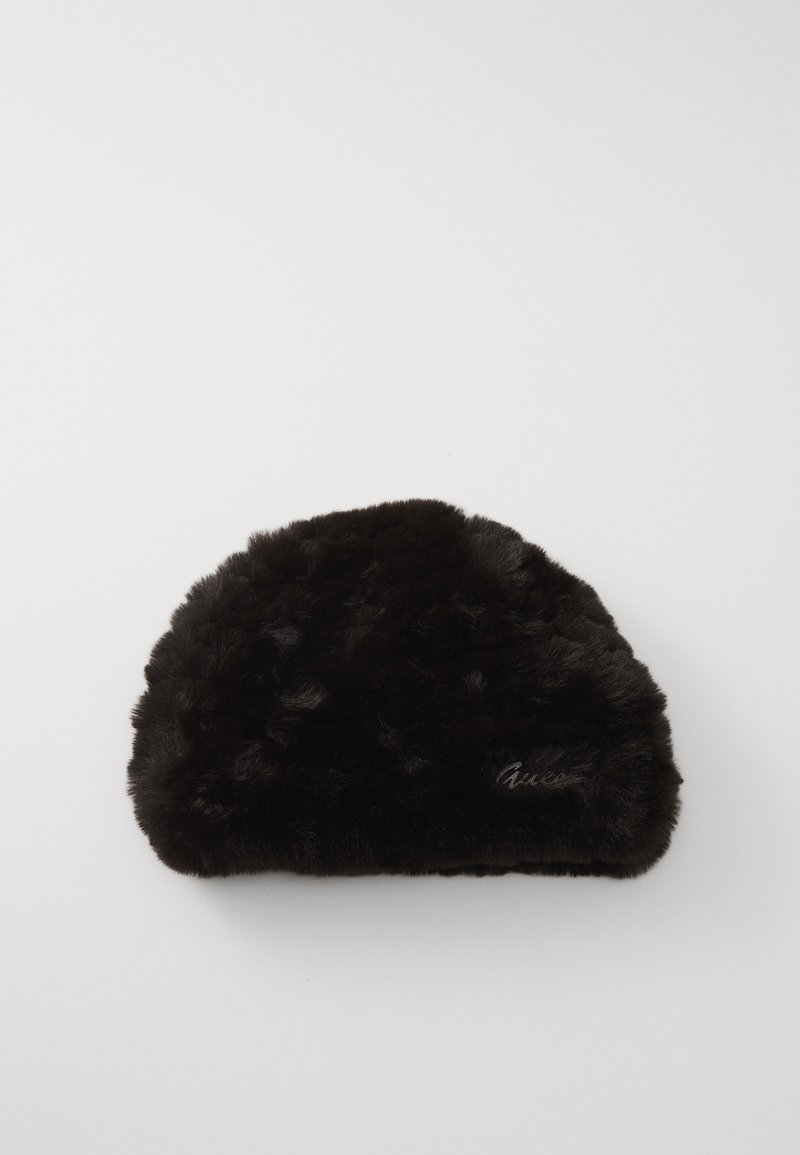 Soft black faux fur clutch bag with semi-circular shape, smooth texture, and subtle embroidered logo on the bottom right side.