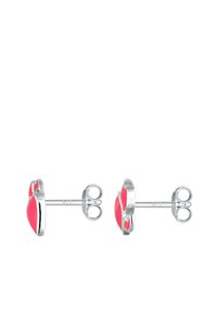 Silberne Steckerohrringe in Herzform mit einem glänzenden roten Emaillezentrum und einem polierten Silberrand. Mit "925" für Sterling-Qualität gekennzeichnet.