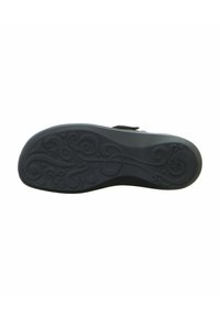 Black shoe sole with intricate swirled pattern, made of rubber, featuring a slight curve at the heel and a smooth texture.