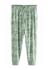 Light green, elastic waistband joggers with a drawstring. Patterned in white moons, stars, and lanterns. Cuffed ankles. Soft texture.