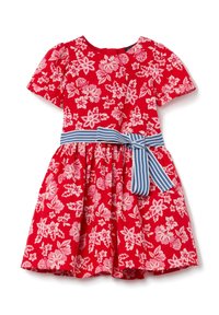 Rood bloemenjurk met korte pofmouwen, een ronde halslijn en een gestreepte blauwe strikceintuur in de taille, versierd met roze bloemenpatronen.