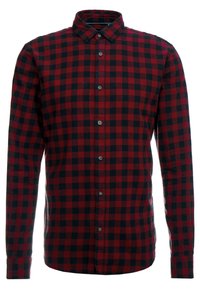Rood en zwart geblokt overhemd met lange mouwen en een button-down kraag, gemaakt van stof met een gestructureerde weving, voorzien van zwarte knopen.