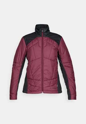 Bordeauxfarbene isolierte Jacke mit schwarzen Schulterakzenten, hohem Kragen, gesteppter Optik und Frontreißverschluss. Logo unten links aufgedruckt.