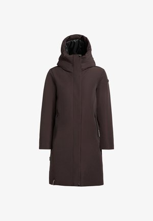 Długi, ciemnobrązowy parka z wysokim kołnierzem, zamykanymi na zamek kieszeniami i miękką powierzchnią. Posiada kaptur oraz elegancki, minimalistyczny design.