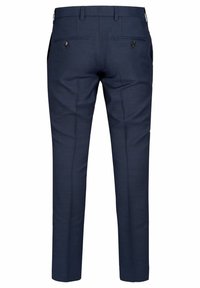 Tmavě modré společenské kalhoty s přizpůsobeným střihem, vybavené dvěma zadními kapsami na knoflíky, hladkou texturou a záhybem probíhajícím po délce nohavic.