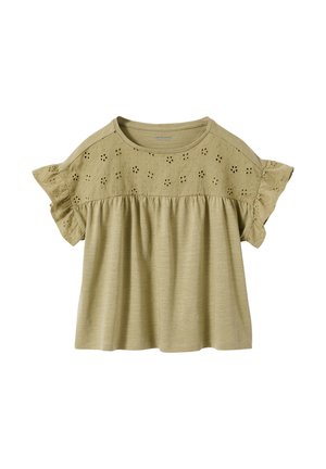 Light olive green short-sleeve top with embroidered floral eyelets on upper chest and sleeves, ruffled sleeve edges, and gathered waist.