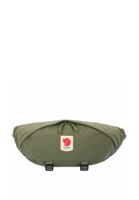 Borsa a vita verde oliva realizzata in tessuto resistente, con zip di chiusura, cinturini regolabili e un'etichetta con logo sulla parte anteriore.