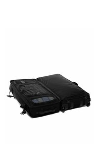 Borsa da viaggio nera a rotolo, con doppie compartimenti, tasche in rete e tessuto, cerniere robuste e ruote resistenti per un facile trasporto.