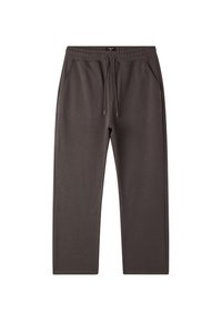 Ciemnoszare dresy wykonane z miękkiego materiału; posiadają elastyczny pas z sznurkiem, boczne kieszenie i prostą nogawkę.