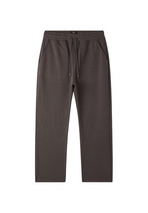 Pantaloni da tuta grigio scuro realizzati in materiale morbido; presentano un elastico in vita con cordoncino, tasche laterali e un design a gamba dritta.