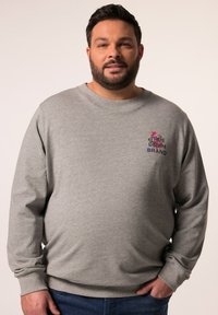 Šedá mikina s výstřihem do kulata, na hrudi s barevným logem "True Denim Brand". Měkký materiál s dlouhými rukávy.