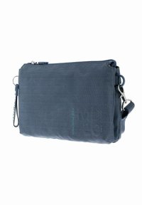 Borsa in tessuto blu navy con superficie strutturata, dotata di chiusura con zip e tracolla staccabile. Include un portachiavi per maggiore comodità.