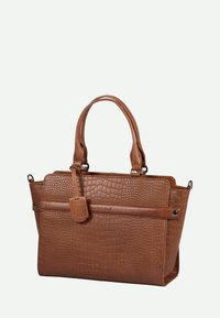 Brązowa torebka z ekoskóry w krokodyli wzór, z podwójnymi uchwytami, detalem przedniego paska oraz wytłoczonym logo marki "Burkely" na przedniej części.