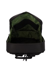 Sac noir avec une fermeture éclair, doté d'un intérieur spacieux vert et de plusieurs compartiments pour l'organisation. Extérieur texturé.