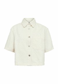 White textured short-sleeve shirt with a collared neck, front button closure, and single chest pocket. Fabrics appear soft and lightweight.