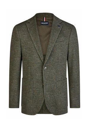 Männlicher einreihiger Tweed-Blazer in Grün und Braun mit Reverskragen, zwei Fronttaschen und Knopfverschluss.