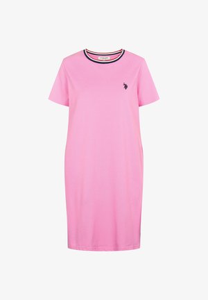 Helles rosa T-Shirt-Kleid aus Baumwolle mit rundem Halsausschnitt, kurzen Ärmeln und einem kleinen gestickten Logo auf der Brust. Verfügbar mit gestreiftem Kragen.
